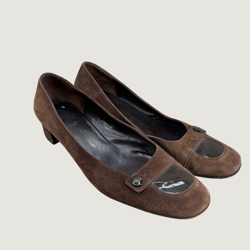 Salvatore Ferragamo Suede Pumps 10 Brown Patent Toe Block Heel Vintage Luxury
